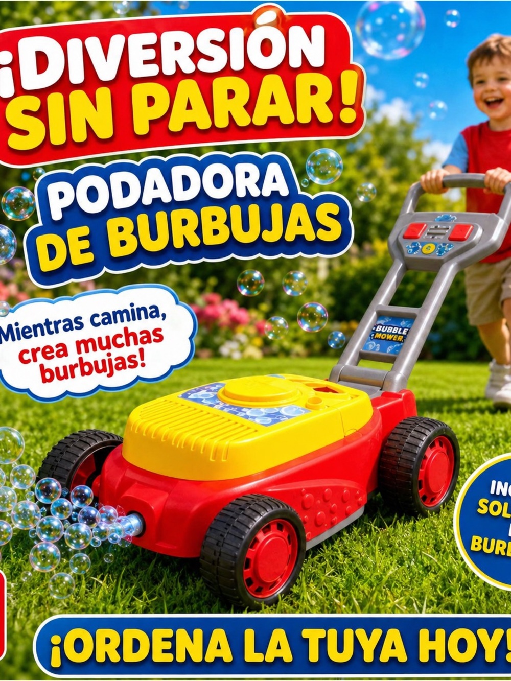 Bubble Lawn Mower Toy - Red & Yellow Kids Bubble Mower